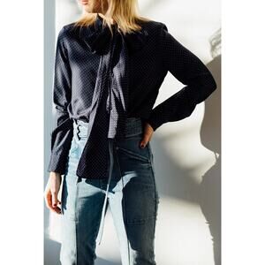 Thakoon Navy Dotted Print Silk Tie Neck Long Sleeve Blouse Size 0 NWT